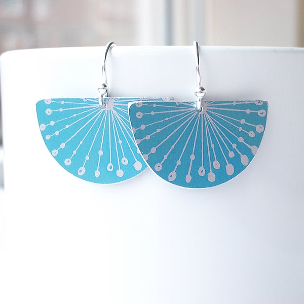 Fan earrings with seed head print in turquoise and silver