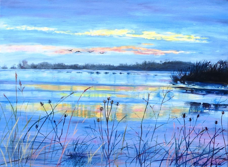 Last Light Land and Skyscape Oil Painting : Birds in Flight Over Flood Plain