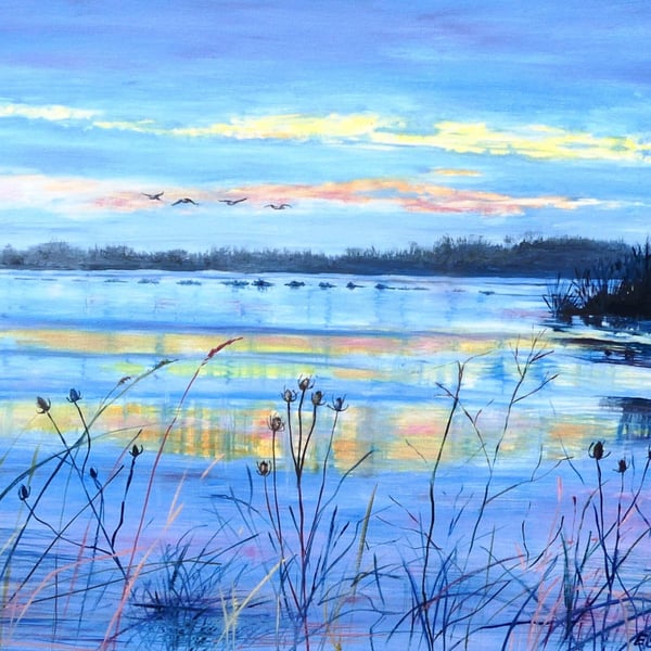 Last Light Land and Skyscape Oil Painting : Birds in Flight Over Flood Plain