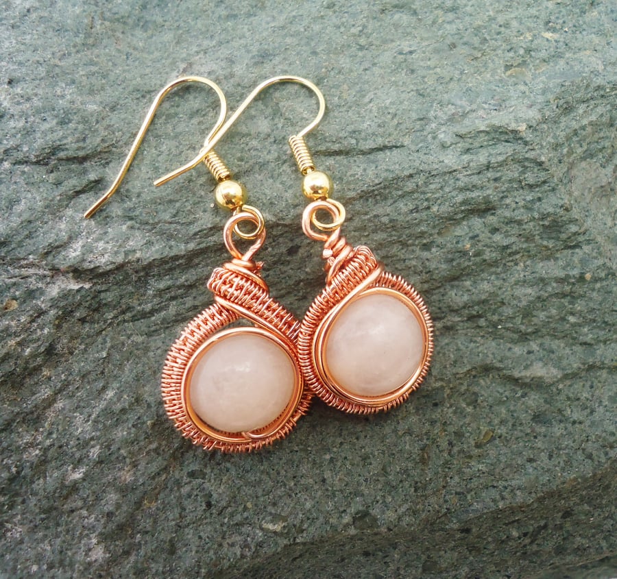 Aventurine Wire Wrapped Earrings, Pink Aventurine and Copper Earrings