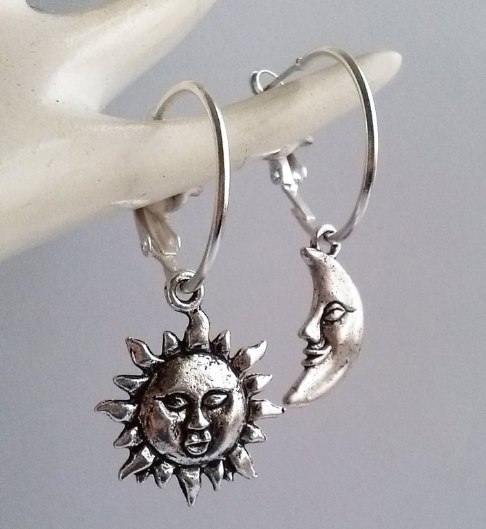 Sun and Moon Hoops Asymmetrical Mismatched Silver Plate Hoop Earrings