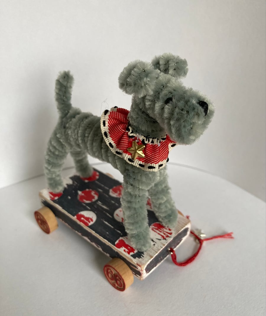 Handmade OOAK Grey Dog on a Wooden Trolley with Wheels. 