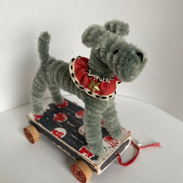 Handmade OOAK Grey Dog on a Wooden Trolley with Wheels. 
