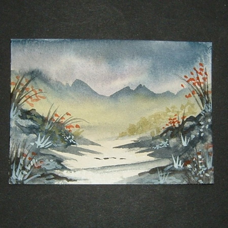 aceo SFA original miniature watercolour painting landscape misty mountains 123