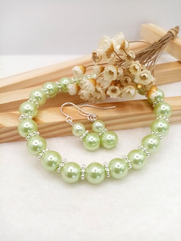 Lime Green Pearl Earring & Bracelet Set, Silver Flower Jewellery Set, Gift Boxed