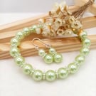 Lime Green Pearl Earring & Bracelet Set, Silver Flower Jewellery Set, Gift Boxed
