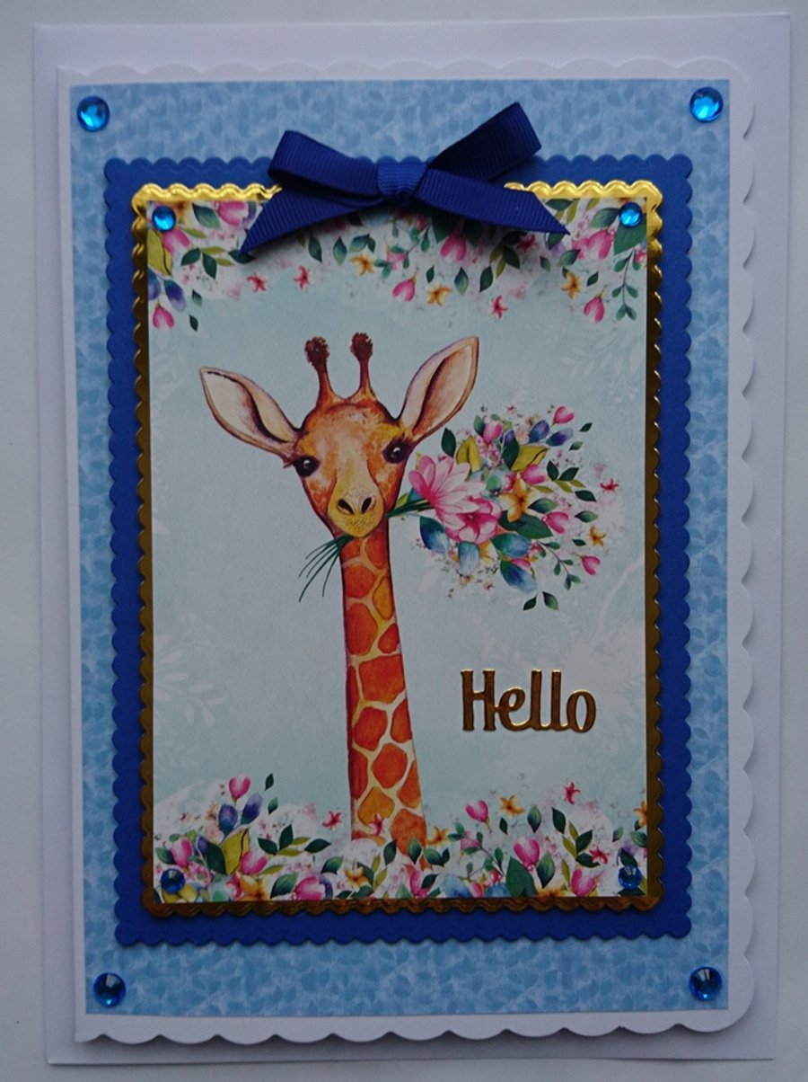 3D Luxury Handmade Card Hello Cute Giraffe with Flowers