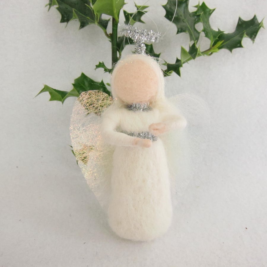 Christmas fairy or angel,  needle felted, hanging decoration with silver trim