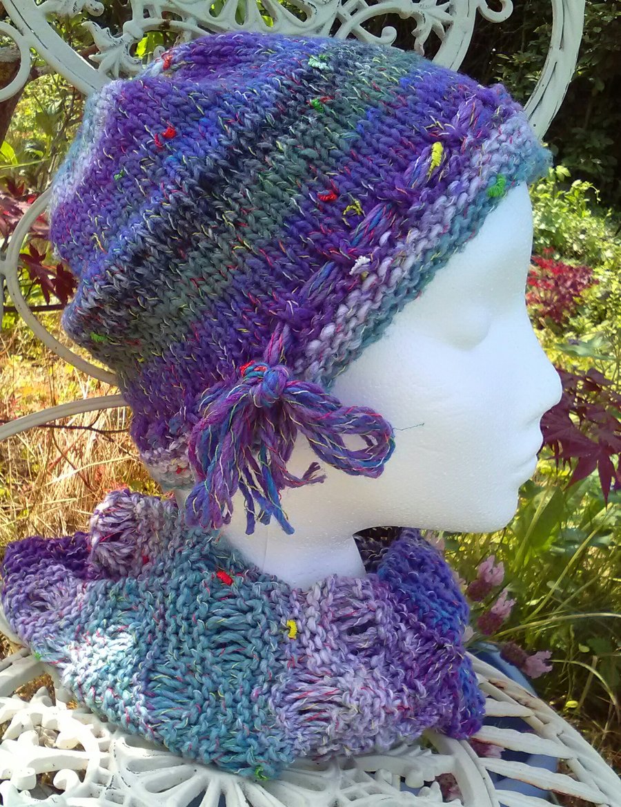 Handknit Noro Hat & Cowl Set. Cotton Silk Wool in Lilac, Aqua, Sage, Purple