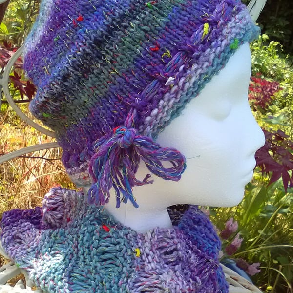 Handknit Noro Hat & Cowl Set. Cotton Silk Wool in Lilac, Aqua, Sage, Purple