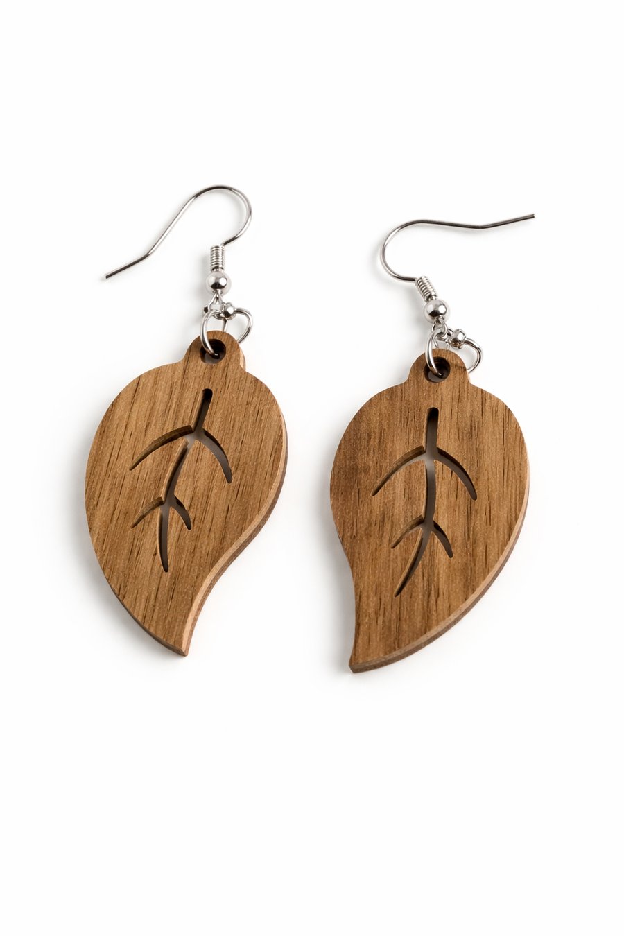 Scroll Sawn Walnut Leaf Earrings – Lightweight Wooden Drop Jewellery