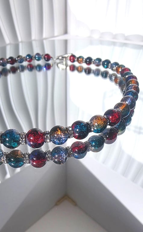 Blue Red Crackle Glass Necklace UK Handmade Statement Choker Beaded Jewellery