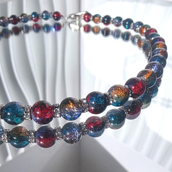 Blue Red Crackle Glass Necklace UK Handmade Statement Choker Beaded Jewellery