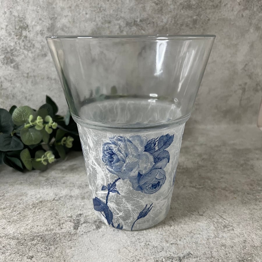 Decoupage Blue Rose Large Glass Vase: Floral Home Decor, Upcycled