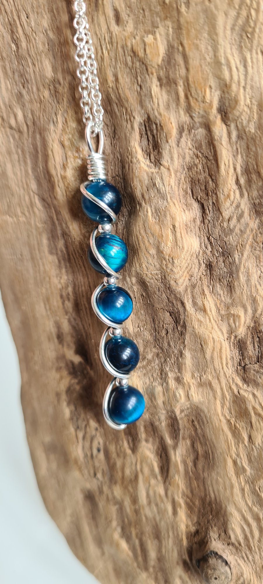 Handmade 925 Silver & Turquoise Blue Tiger Eye Pendant Necklace with Chain Gift 