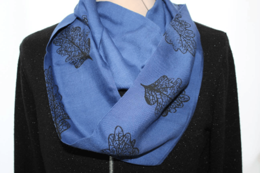   Blue Eco infinity scarf,black oak leaf  print,Sunday seconds, loop scarf, gift