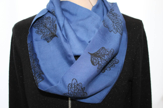   Blue Eco infinity scarf,black oak leaf  print,Sunday seconds, loop scarf, gift