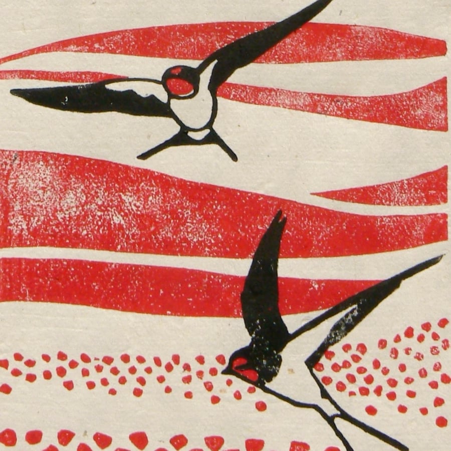 Swallows over Poppy Fields linocut print