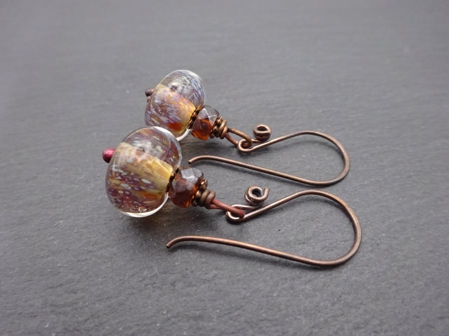brown lampwork glass earrings, copper jewellery