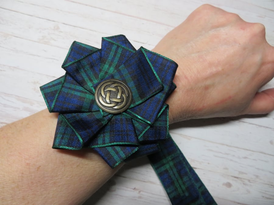 Black Watch Tartan Ruffle Rosette Celtic Button Wrist Corsage Wristlet 