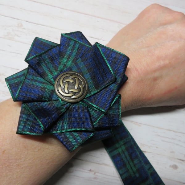 Black Watch Tartan Ruffle Rosette Celtic Button Wrist Corsage Wristlet 