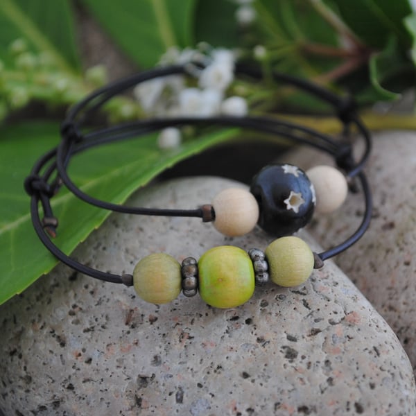 Friendship Bracelets-TWO Leather & wood beads star set