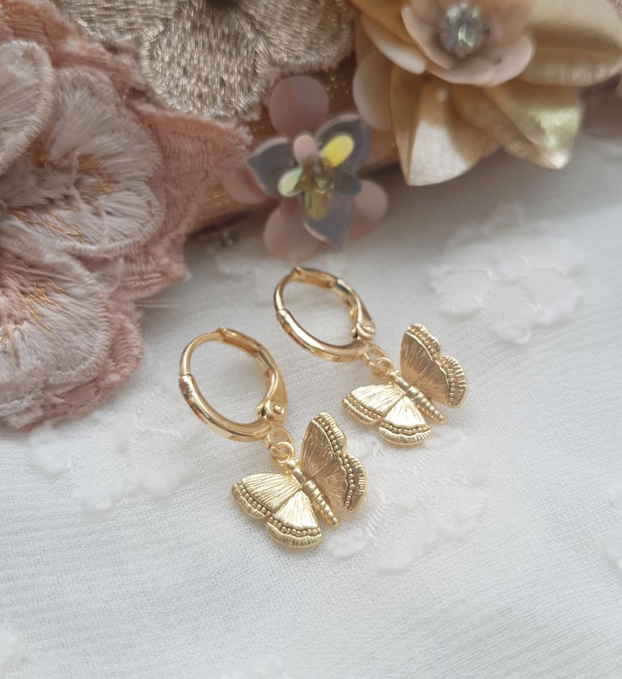 Gold Embossed Butterfly Hoop Earrings - Lever Back Fastening