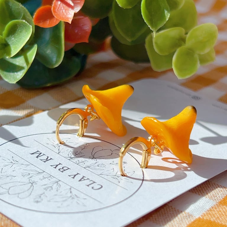 Chanterelle Mushroom Earrings, Yellow Orange, Polymer Clay, Handmade UK