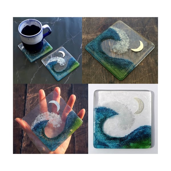 Handmade Fused Glass Wave Drinks Coaster - With Embedded Coloured Bubbles - Tile