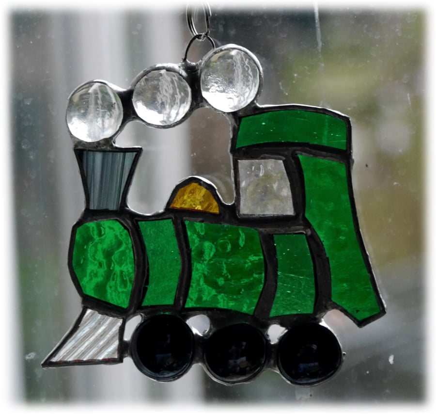 Steam Train Suncatcher Stained Glass Green Handmade Engine 010