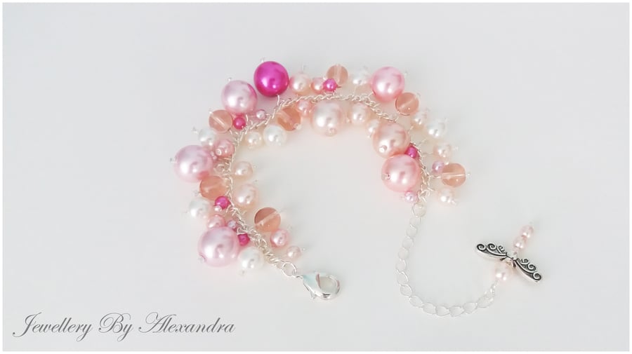 Cluster Bracelet-Pink and Cream with Dragonfly Charm