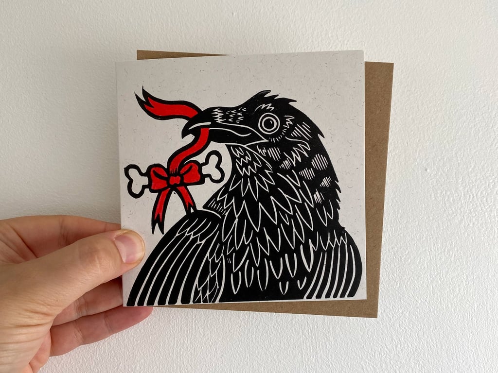 Raven Birthday Linocut Greetings Card. Spooky Gothic Gift. 