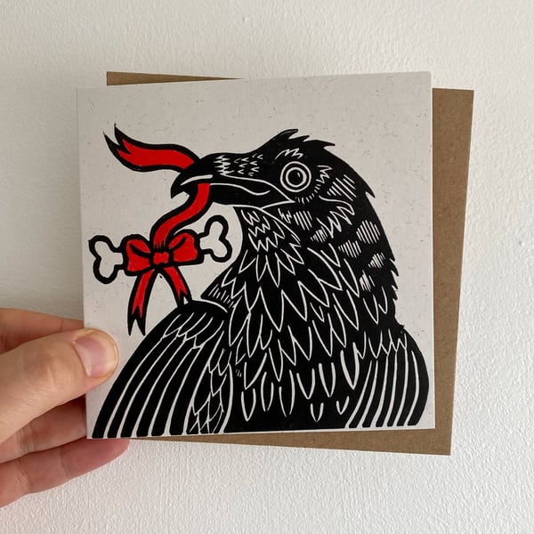 Raven Birthday Linocut Greetings Card. Spooky Gothic Gift. 
