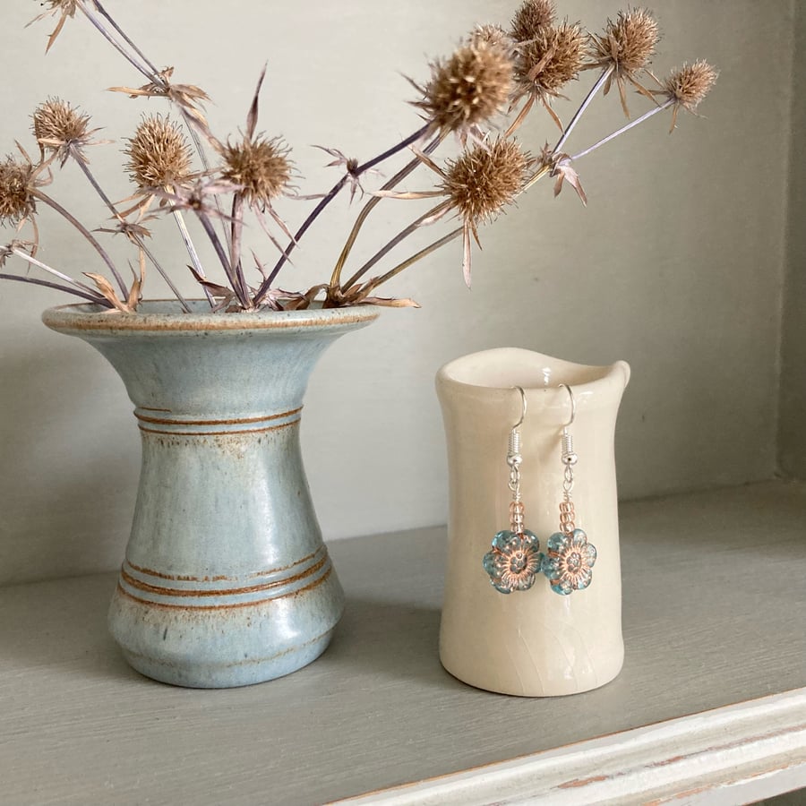 Flower earrings, clear pale blue and rose gold