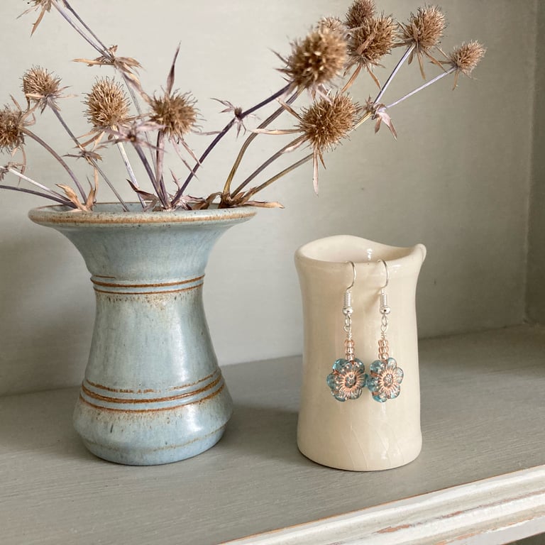 Flower earrings, clear pale blue and rose gold