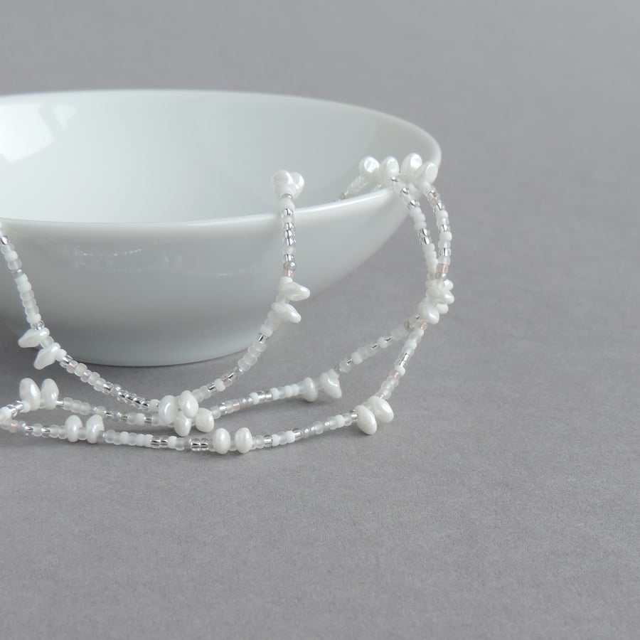 Long Frosted White Necklace - Pearl White Clasp Free Necklace - Spiky Jewellery