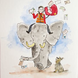 Elephant, Dog, Letters, post person original painting 