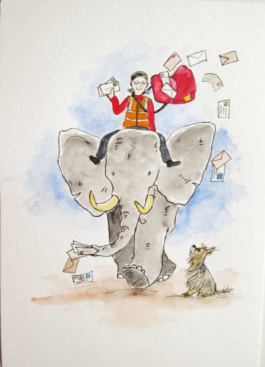 Unavailable - Sold.    Elephant, Dog, Letters, post person original painting 