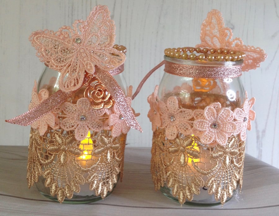 Set of 3 Flower & Butterfly Rose Gold Tea Lights PB10