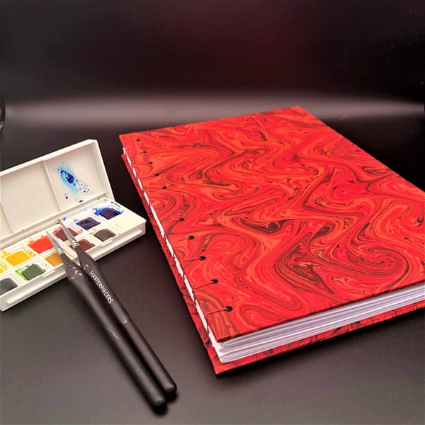 Red Marbled Watercolour A4 Book - Coptic Stitched