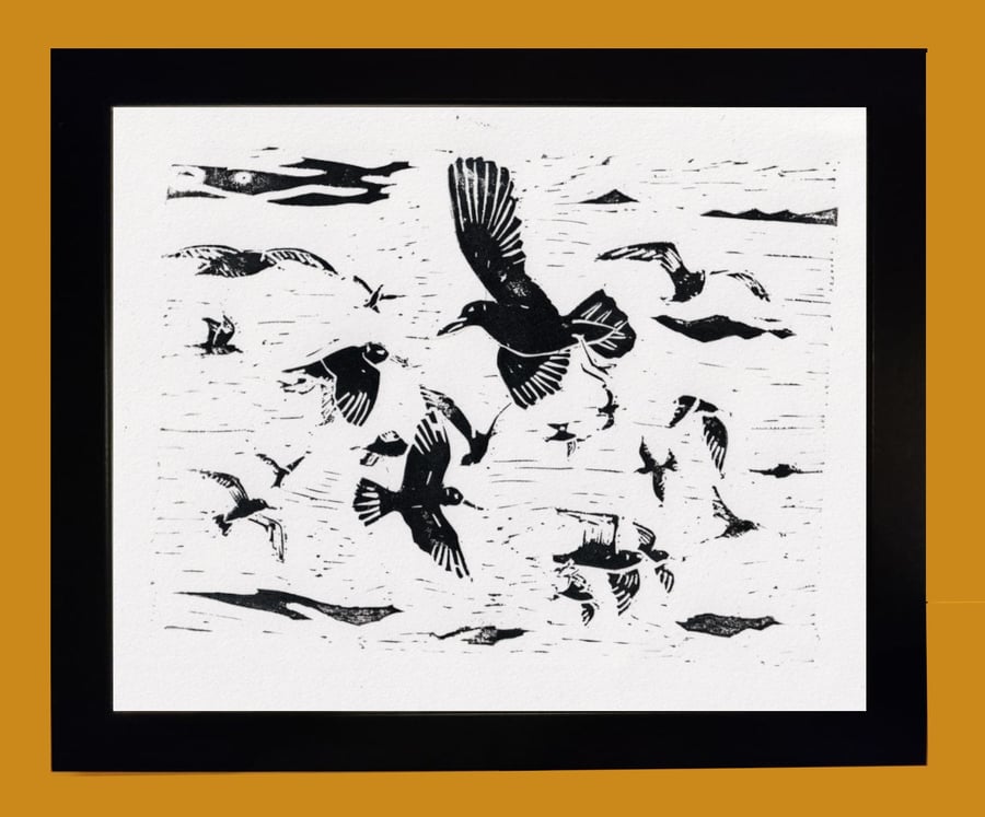 SeaGulls Flocking Lino Print - Handmade Original Artwork