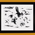 SeaGulls Flocking Lino Print - Handmade Original Artwork