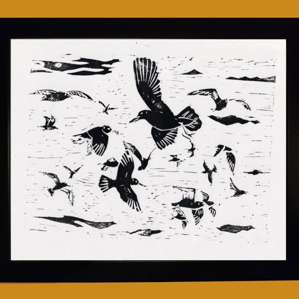 SeaGulls Flocking Lino Print - Handmade Original Artwork