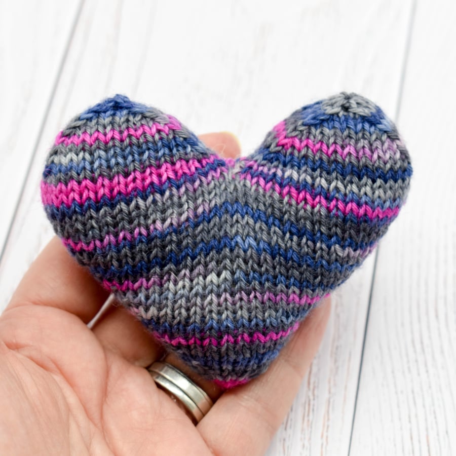 Hand knitted heart - pocket hug - Grey Blue Pink