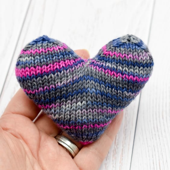 Hand knitted heart - pocket hug - Grey Blue Pink