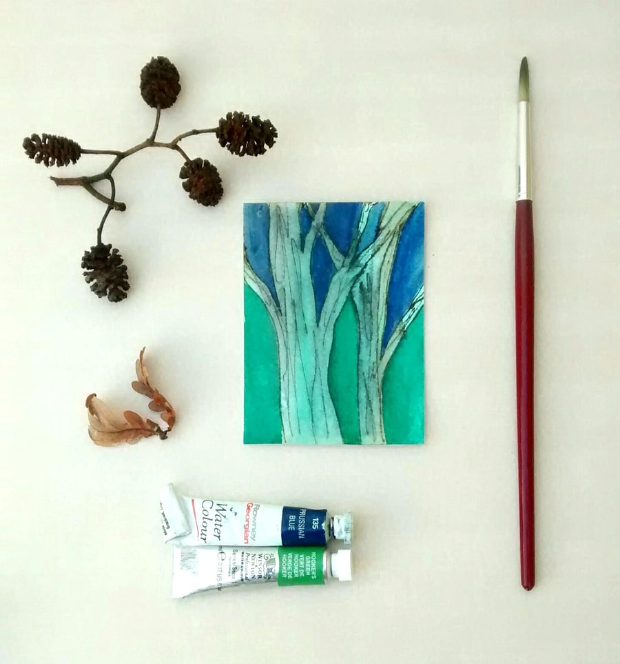 ACEO, Blue Trees, Original Watercolour