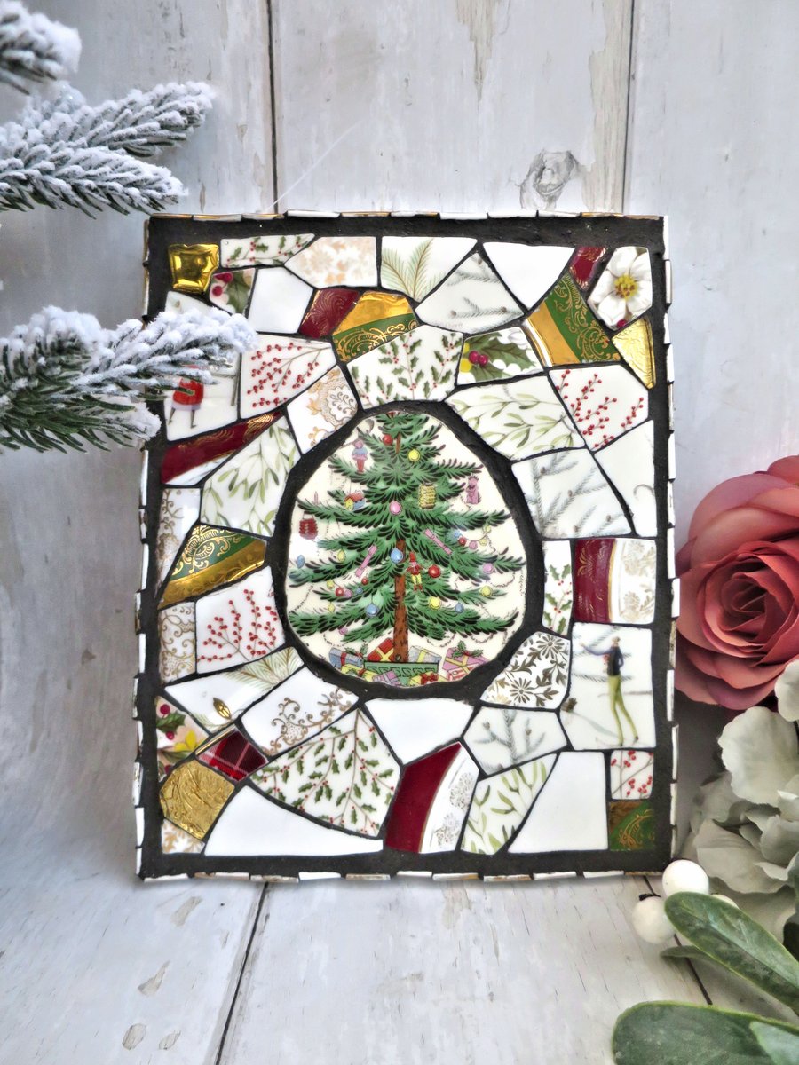  Mosaic Art Christmas Decoration, Festive Rustic Home Decor, Vintage Collage