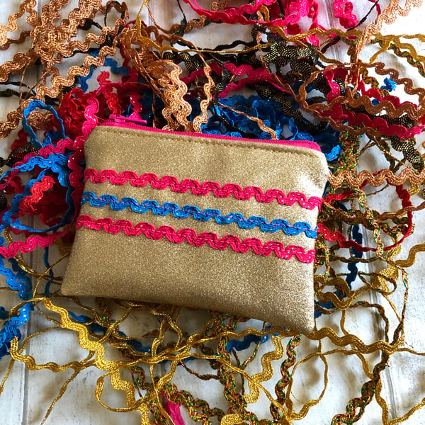 Glitter Gold Rickrack Embellished Fabric Coin Purse