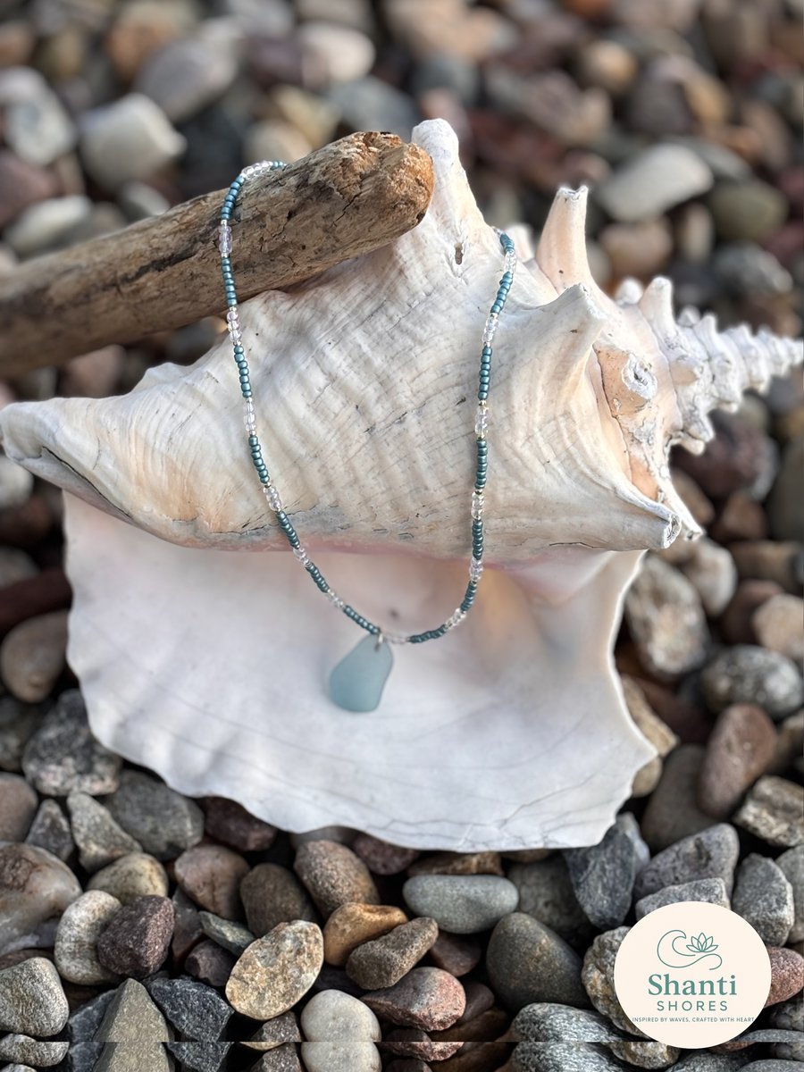 Blue Seaglass and seed beads necklace