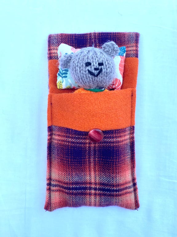 Companion bear, mini hand knitted bear in bed